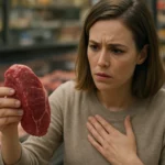 Žena sa zamyslená díva na kus hovädzieho mäsa v obchode.