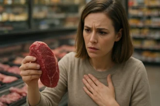 Žena sa zamyslená díva na kus hovädzieho mäsa v obchode.