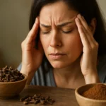 Žena trpiaca bolesťou hlavy s klinčekmi na stole