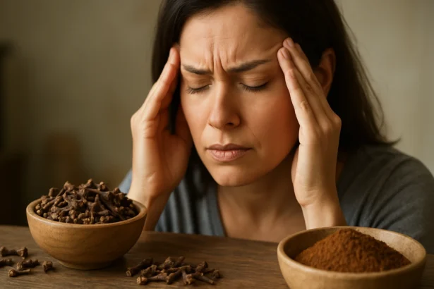 Žena trpiaca bolesťou hlavy s klinčekmi na stole