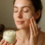 Žena nanášajúca bambucké maslo na pleť pre krásnu a hydratovanú pokožku