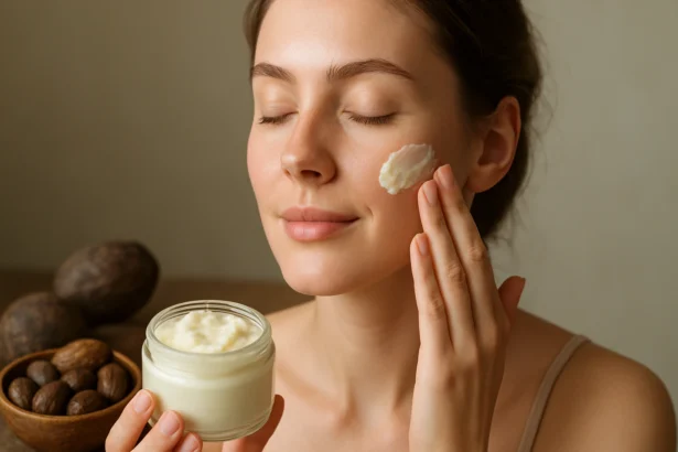 Žena nanášajúca bambucké maslo na pleť pre krásnu a hydratovanú pokožku