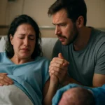 Otec drží matku za ruku počas pôrodu, vyjadrujúc podporu a empatiu.