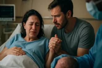 Otec drží matku za ruku počas pôrodu, vyjadrujúc podporu a empatiu.