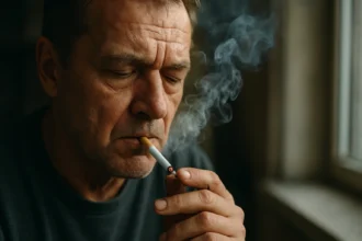 Muž s cigaretou, dym sa vznáša vo vzduchu, vyjadruje vážnosť fajčenia.