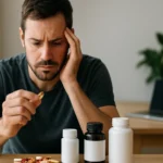 Muž premýšľa nad doplnkami výživy a ich účinkom na zdravie.