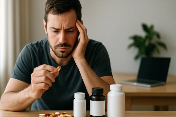 Muž premýšľa nad doplnkami výživy a ich účinkom na zdravie.