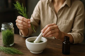 Žena pripravujúca liečivú zmes z puškvorca v miske.