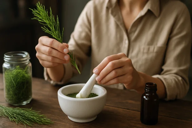 Žena pripravujúca liečivú zmes z puškvorca v miske.