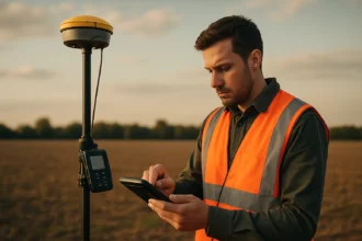 Muž s RTK GPS zariadením a mobilným telefónom v teréne.