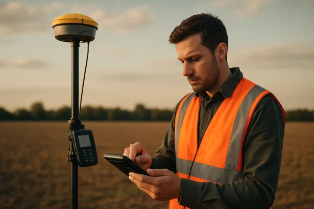 Muž s RTK GPS zariadením a mobilným telefónom v teréne.