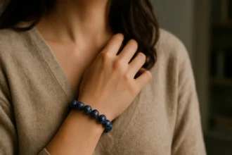 Žena nosí sodalitový náramok, symbol harmónie a duchovného rastu.