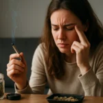 Žena s marihuanou, zachytená v okamihu zamyslenia sa o jej účinkoch.