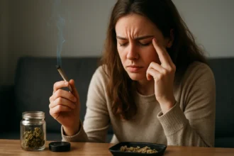 Žena s marihuanou, zachytená v okamihu zamyslenia sa o jej účinkoch.