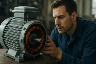 Muž analyzujúci elektromotor s rotorom a statorom.