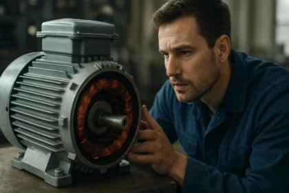 Muž analyzujúci elektromotor s rotorom a statorom.