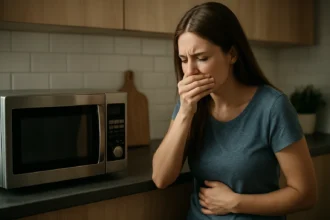 Žena so žalúdočnými ťažkosťami v blízkosti mikrovlnnej rúry.