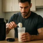 Muž pripravuje srvátkový proteín na zvýšenie výkonu a regeneráciu.