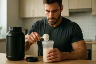 Muž pripravuje srvátkový proteín na zvýšenie výkonu a regeneráciu.