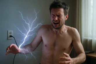 Muž zažíva šok od elektriny počas pokusu o bezpečné využitie.