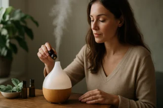 Žena pridáva esenciálne oleje do aromadifuzéra v domácnosti.