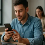 Mladý muž používa mobil v kancelárii, objavuje fintech aplikácie.