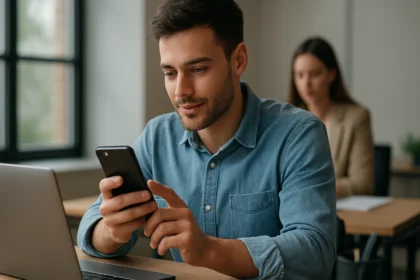 Mladý muž používa mobil v kancelárii, objavuje fintech aplikácie.