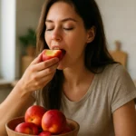 Žena jemne si dáva do úst nektárinku z misy plnej ovocia.