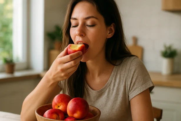 Žena jemne si dáva do úst nektárinku z misy plnej ovocia.