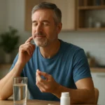 Muž užíva doplnok zinku pri stole so sklenenou vodou.