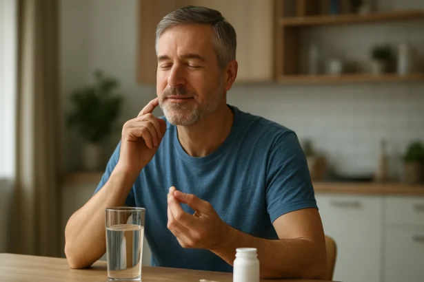 Muž užíva doplnok zinku pri stole so sklenenou vodou.