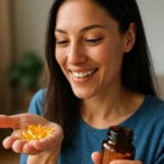 Žena sa suplementmi B vitamínu, šťastná a zdravá.