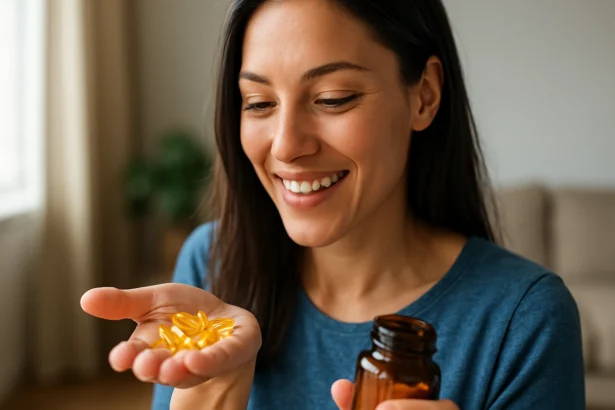 Žena sa suplementmi B vitamínu, šťastná a zdravá.