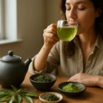 Žena vychutnáva šálku sencha zeleného čaju s prírodnými ingredienciami.