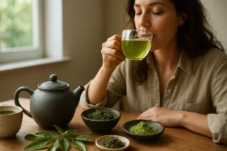 Žena vychutnáva šálku sencha zeleného čaju s prírodnými ingredienciami.