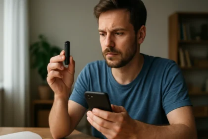 Muž zvažuje skrytou kameru v peru a mobilný telefón.