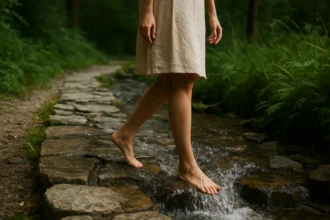 Žena kráča po Kneippovom chodníku v prírode, voda a kamene