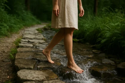 Žena kráča po Kneippovom chodníku v prírode, voda a kamene