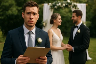 Svadobný svedok s poznámkami počas obradového dňa.