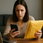 Žena s prekvapeným výrazom kontroluje objednávku na telefóne.