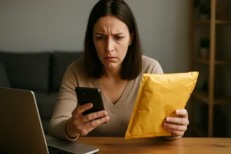 Žena s prekvapeným výrazom kontroluje objednávku na telefóne.