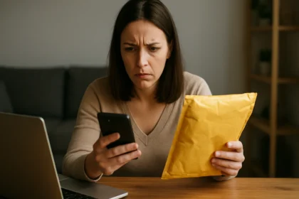 Žena s prekvapeným výrazom kontroluje objednávku na telefóne.