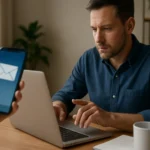 Muž kontrolujúci e-maily na notebooku s mobilom v ruke