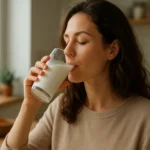 Žena vychutnávajúca si sklenený nápoj mlieka doma.