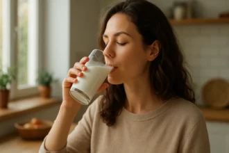 Žena vychutnávajúca si sklenený nápoj mlieka doma.