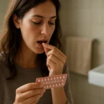 Žena užívajúca antikoncepčné tabletky v kúpeľni.