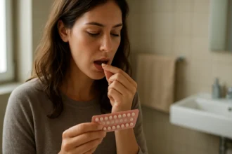 Žena užívajúca antikoncepčné tabletky v kúpeľni.