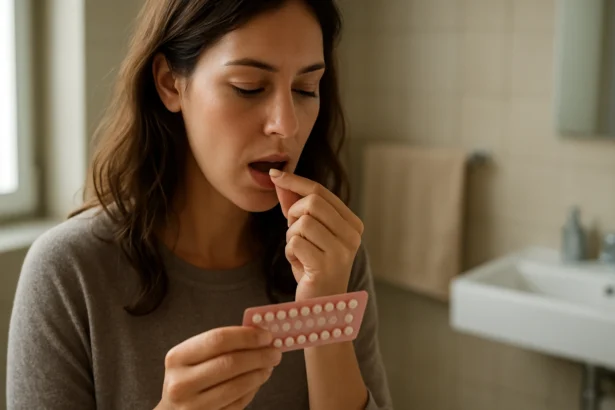 Žena užívajúca antikoncepčné tabletky v kúpeľni.