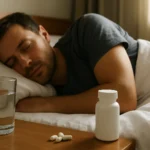 Muž spí vedľa pohára vody a tabliet s magnéziom