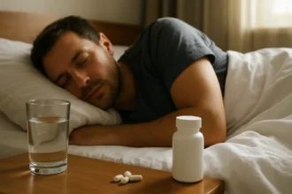 Muž spí vedľa pohára vody a tabliet s magnéziom